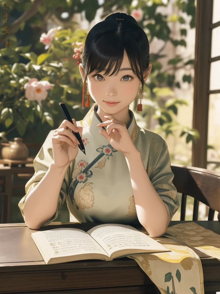 In a quiet night、Photo of a beautiful girl in traditional Chinese dress looking at an ancient Chinese book under a lamp on a low table in an old walled garden,((She holds a pen in her right hand、The left hand is placed on the table)),((masterpiece)),Realistic,4K,Very detailed,((Beautiful big eyes))