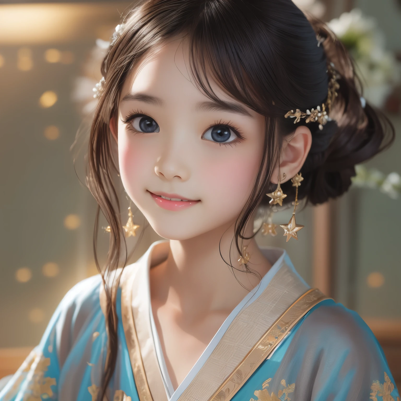 detailed face, cute face,brown eye, Great quality, masterpiece, High Resolutiupon, One girl, blush, (Captivating smile: 0.8), Star Student, chinese hanfu, hair accessory, necklace, jewelry, beauty, upon_body, Tyndall effect, Realistic, Shadow Room, Light Edge, Two-tupone Lighting, (Skin with attention to detail: 1.2), 8k UHD, SLR, Soft Light, high quality, Volumetric lighting, snapshot, High Resolutiupon, 4K, 8k, Background Blur, Real Persupon