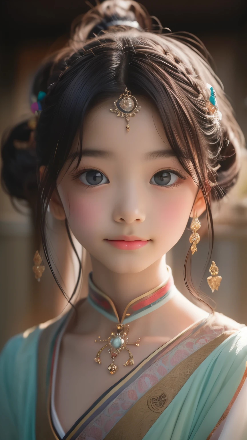 detailed face, cute face,brown eye, Great quality, masterpiece, High Resolutiupon, One girl, blush, (Captivating smile: 0.8), Star Student, chinese hanfu, hair accessory, necklace, jewelry, beauty, upon_body, Tyndall effect, Realistic, Shadow Room, Light Edge, Two-tupone Lighting, (Skin with attention to detail: 1.2), 8k UHD, SLR, Soft Light, high quality, Volumetric lighting, snapshot, High Resolutiupon, 4K, 8k, Background Blur, Real Persupon