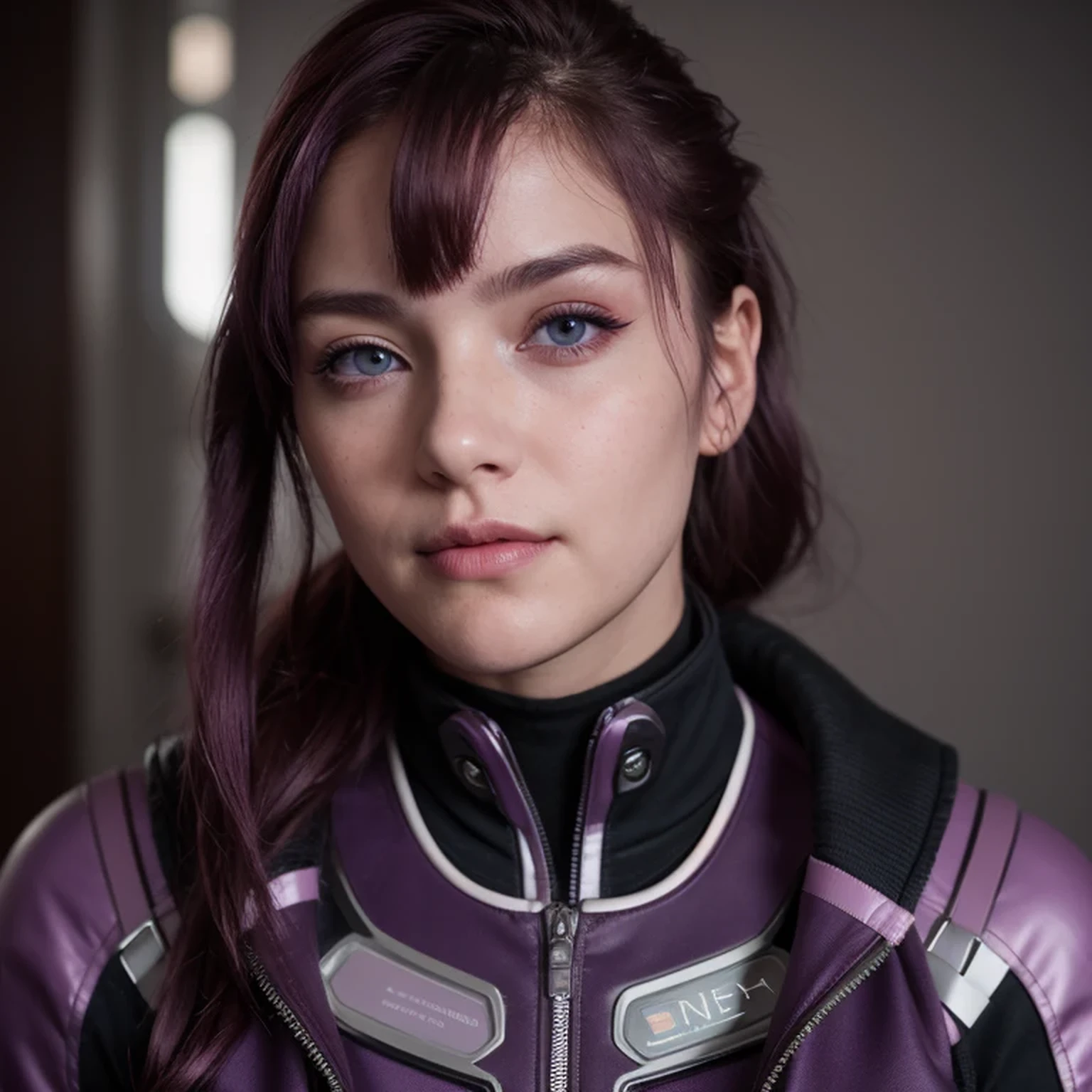 photo of a college student, Purple-Pink Gradient, futuristic space suit, (Color tattoo:0.8) cute face, sci-fi, dystopian, detailed eyes, Heterochromia eyes（（Side view））Back Room，Breething burgundy hair