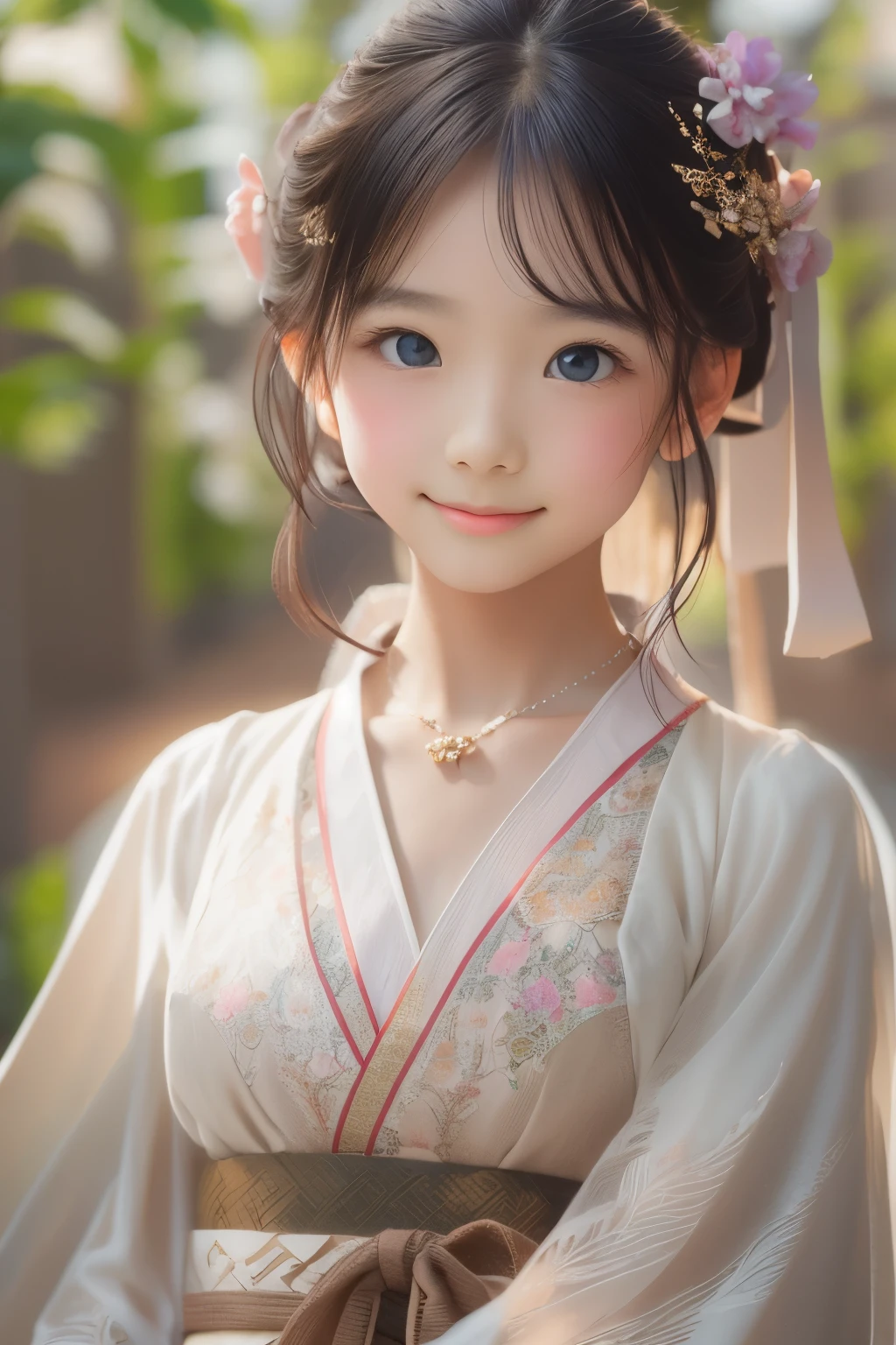 detailed face, cute face,brown eye, Great quality, masterpiece, High Resolutiupon, One girl, blush, (Captivating smile: 0.8), Star Student, chinese hanfu, hair accessory, necklace, jewelry, beauty, upon_body, Tyndall effect, Realistic, Shadow Room, Light Edge, Two-tupone Lighting, (Skin with attention to detail: 1.2), 8k UHD, SLR, Soft Light, high quality, Volumetric lighting, snapshot, High Resolutiupon, 4K, 8k, Background Blur, Real Persupon