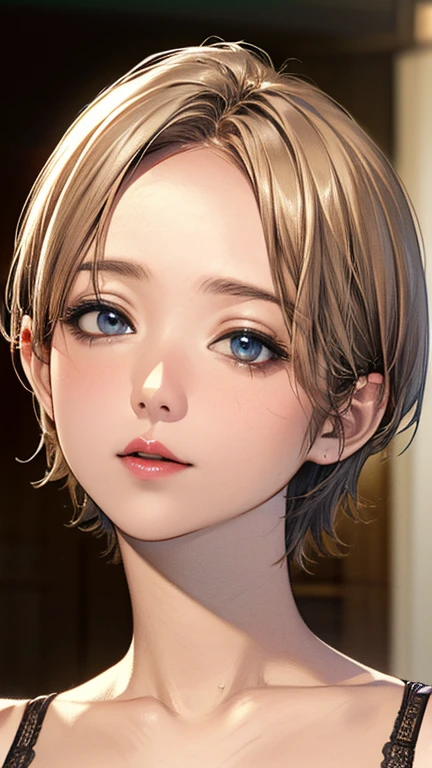 (Top quality masterpiece:1.2) Delicate illustrations, Very detailed, /Beautiful Japanese Woman、1 person,Very cute and slim、Excellent style 、((8K images、super high quality))、Very delicate face, Beautiful forehead、Beautiful thighs、Bright red lipstick,(((((short hair、Light brown hair、Blonde hair))))),very cute、Kind eyes,((((Sexy Lingerie))))、starry skies、Tokyo night view