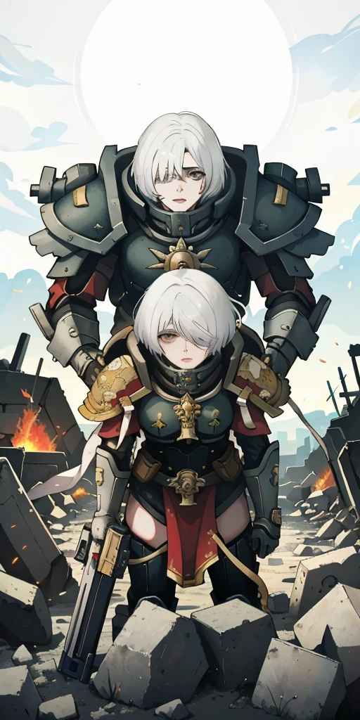 (masterpiece:1.2), (best quality:1.2), perfect eyes, perfect face, perfect lighting, 1girl, mature whsororitas with a laser rifle in her hands, scar over one eye, eyepatch, red tabard, white hair, warhammer 40k, chaos, fire, scifi, detailed ruined city background, power armor