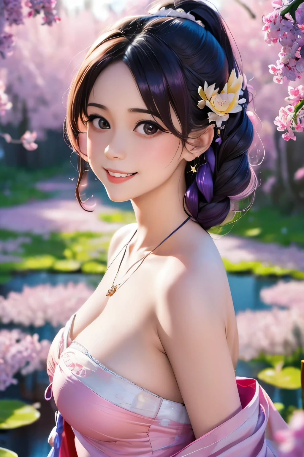 Superb Quality, Masterpiece, High Resolution, 1Girl, Blush, (Seductive Smile: 0.8), Star Pupil, Chinese Hanfu Lilac, Hair Accessories, Necklace, Jewelry, Beauty, on_body, Tyndall Effect, Realism, Lotus Pond, Light Edge, Two-tone Lighting, (High Detail Skin: 1.2), 8K UHD, DSLR, Soft Light, High Quality, Volume Lighting, Candid Photo, High Resolution, 4K, 8K, Background Bokeh