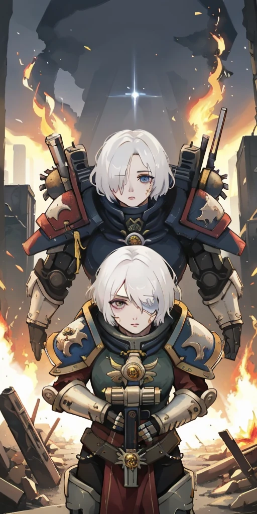 (masterpiece:1.2), (best quality:1.2), perfect eyes, perfect face, perfect lighting, 1girl, mature whsororitas with a laser rifle in her hands, scar over one eye, eyepatch, red tabard, white hair, warhammer 40k, chaos, fire, scifi, detailed ruined city background, power armor