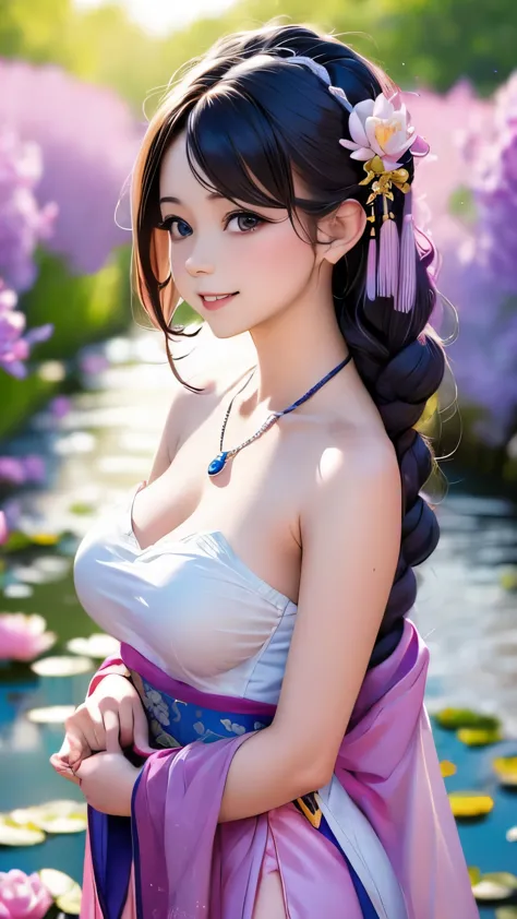 superb quality, masterpiece, high resolution, 1girl, blush, (seductive smile: 0.8), star pupil, chinese hanfu lilac, hair access...