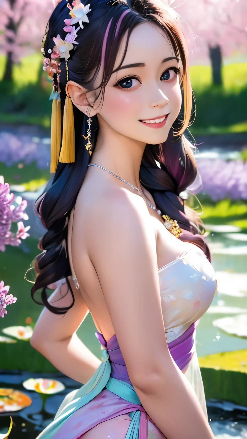 Superb Quality, Masterpiece, High Resolution, 1Girl, Blush, (Seductive Smile: 0.8), Star Pupil, Chinese Hanfu Lilac, Hair Accessories, Necklace, Jewelry, Beauty, on_body, Tyndall Effect, Realism, Lotus Pond, Light Edge, Two-tone Lighting, (High Detail Skin: 1.2), 8K UHD, DSLR, Soft Light, High Quality, Volume Lighting, Candid Photo, High Resolution, 4K, 8K, Background Bokeh