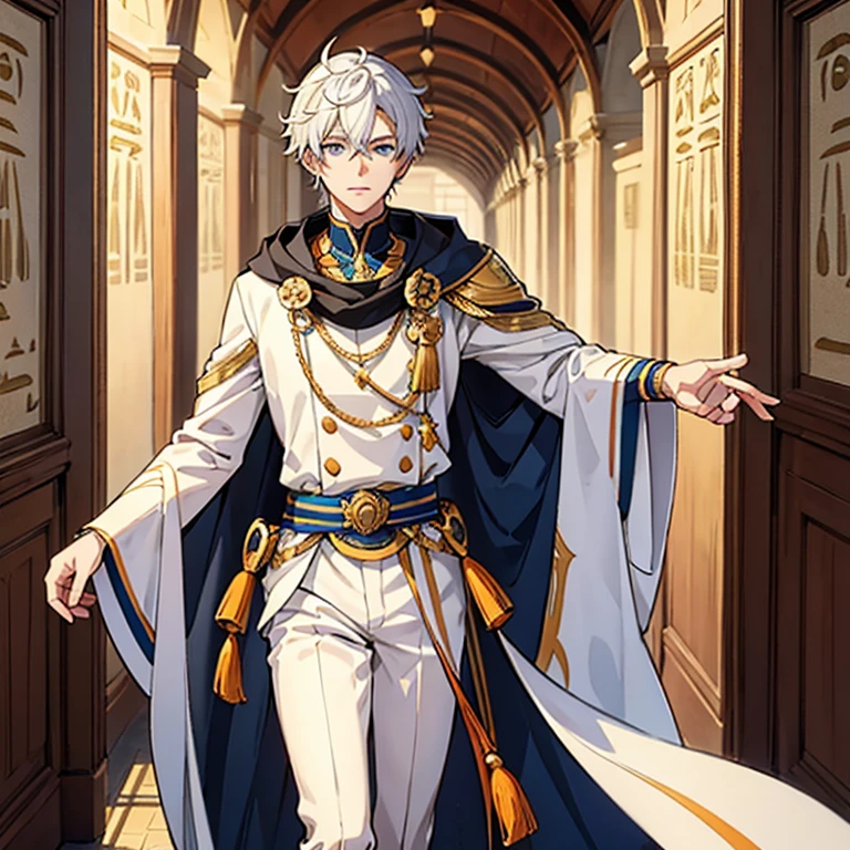 Honkai Star Rail style panel. (Male man) male with an athletic body. pale white skin with black short hair, some strands on his face. Serious orange blue eyes, ancient Egyptian clothing, in a castle hallway . fox hood 