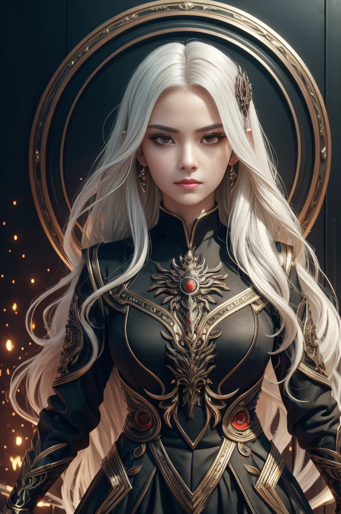 Portrait of a beautiful girl with wavy white hair, Wear a formal black dress with metallic parts, Red Eyes, Letter combination on background, number, dark, 8k, Intricate details, High quality, Retro future style, Sharp focus on the center, Soft colors, Art Station, (Science Fiction, future, future theme), (A contemptuous expression appeared on his face), (Detailed description)