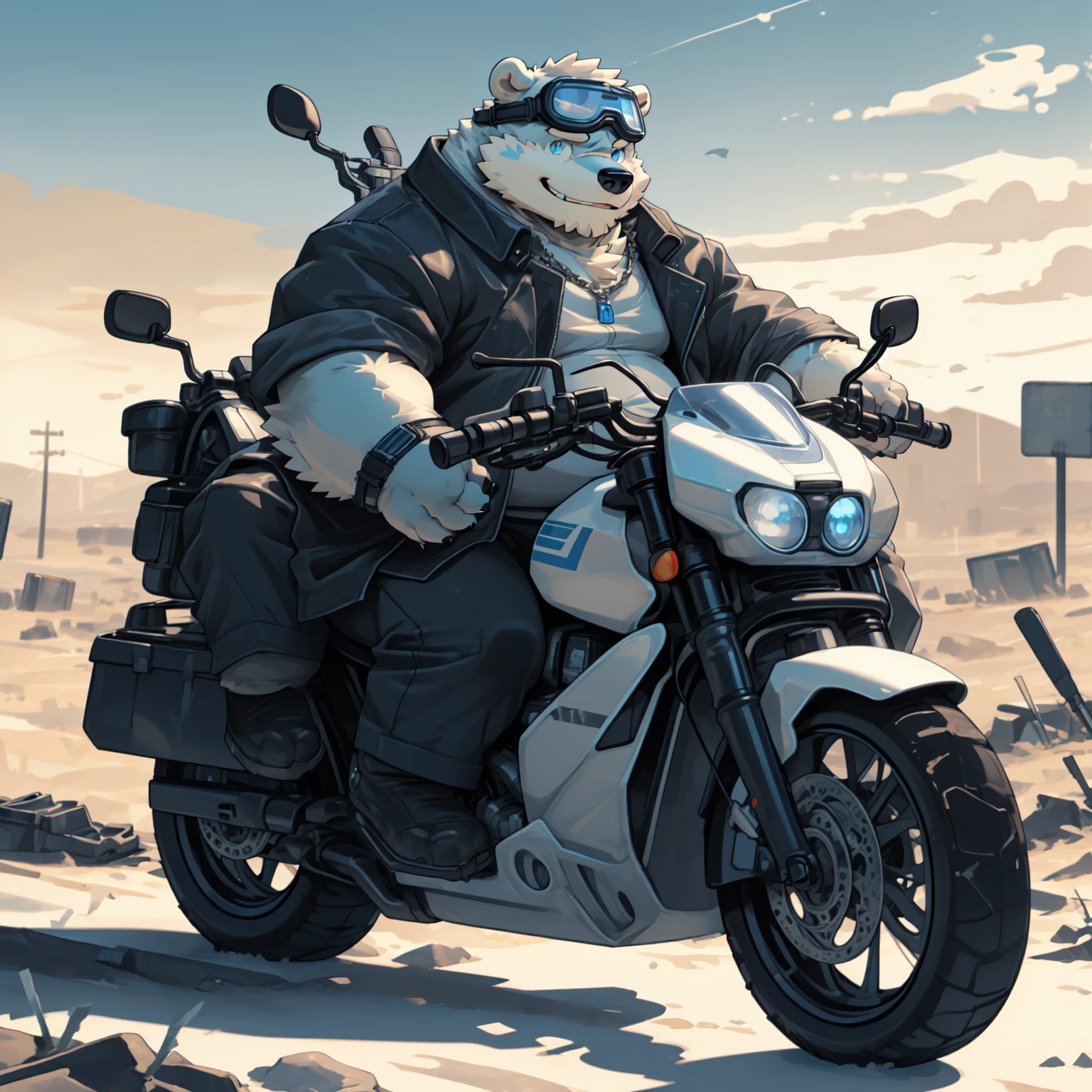 New Jersey 5 Furry，polar bear，Exquisite， Chubby，Fat，Thick arms，Rugged muscles，White plush fur，Chubby脸，Black eyebrows，Sky blue eyes，Beard，Wasteland，Riding a motorcycle alone,Goggles are worn on the forehead，Black trench coat，Pants，dynamic，Smile