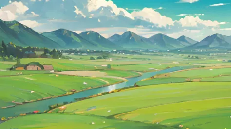 A plain full of green grass. Can see a little bit of mountains with some clouds. There is a one house in the middle and a river ...
