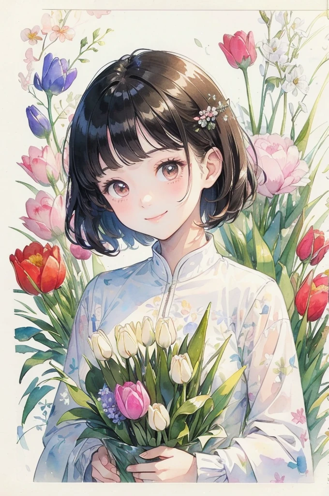 (masterpiece、highest quality、highest quality、Beautiful and beautiful:1.2)、Good anatomy、（Watercolor 1.5）、Drawing of a girl with straight short hair、Beautiful smile、pure white costume、pure、Charm、One puppy、looking at the camera、Flowers and leaves、Botanical Art、Looking up from a low position