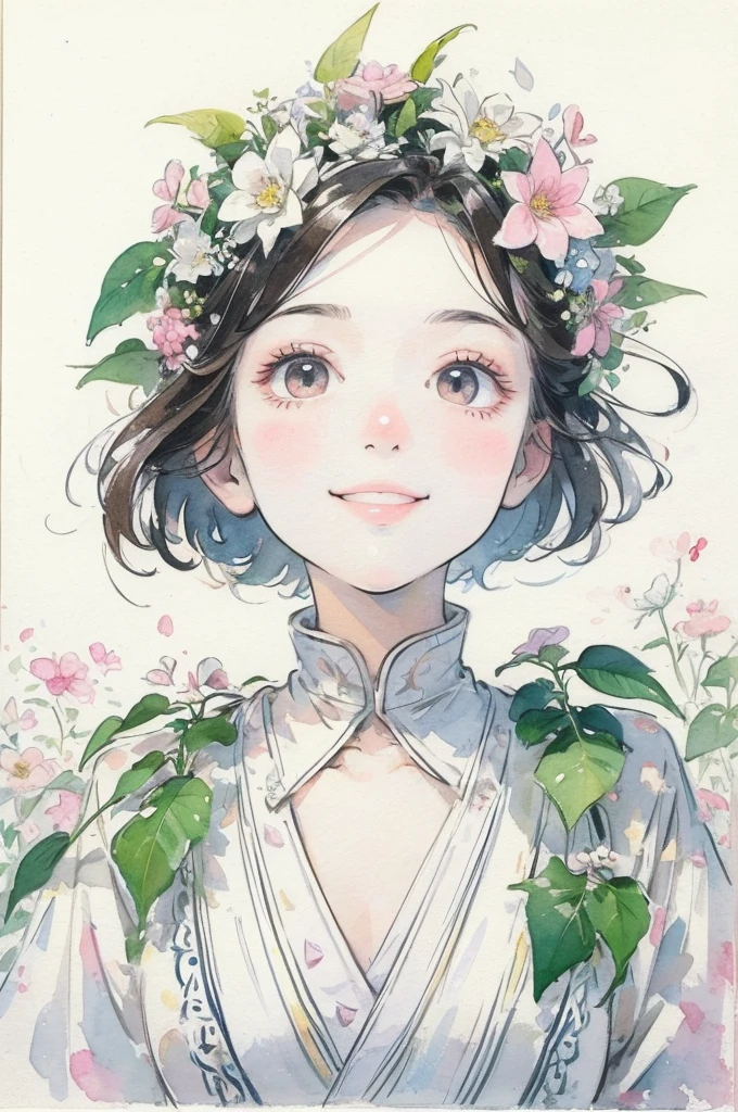 (masterpiece、highest quality、highest quality、Beautiful and beautiful:1.2)、Good anatomy、（Watercolor 1.5）、Composition looking up from a low position、Drawing of a girl with straight short hair、Beautiful smile、pure white costume、pure、Charm、One puppy、looking at the camera、Flowers and leaves、Botanical Art