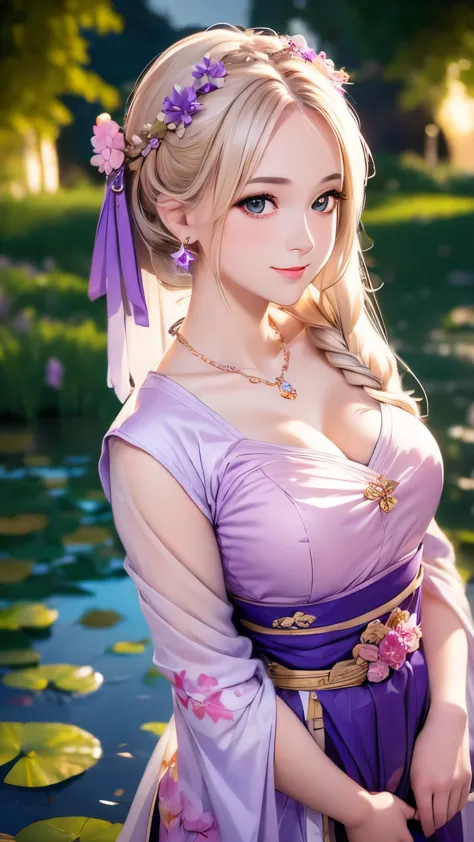 superb quality, masterpiece, high resolution, 1girl, blush, (seductive smile: 0.8), star pupil, chinese hanfu lilac, hair access...