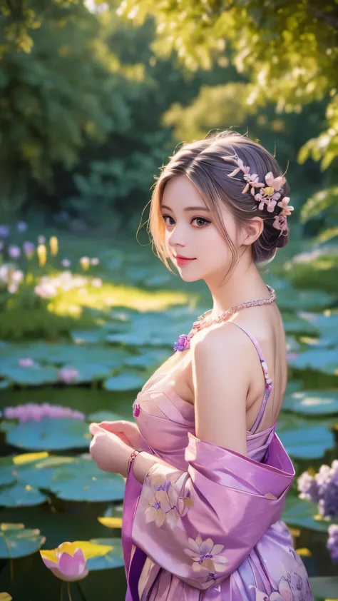 Superb Quality, Masterpiece, High Resolution, 1Girl, Blush, (Seductive Smile: 0.8), Star Pupil, Chinese Hanfu Lilac, Hair Access...