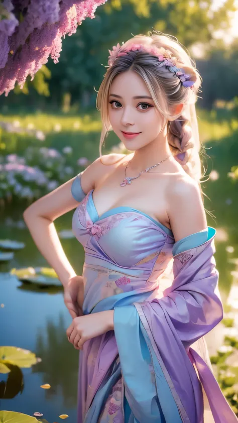 superb quality, masterpiece, high resolution, 1girl, blush, (seductive smile: 0.8), star pupil, chinese hanfu lilac, hair access...