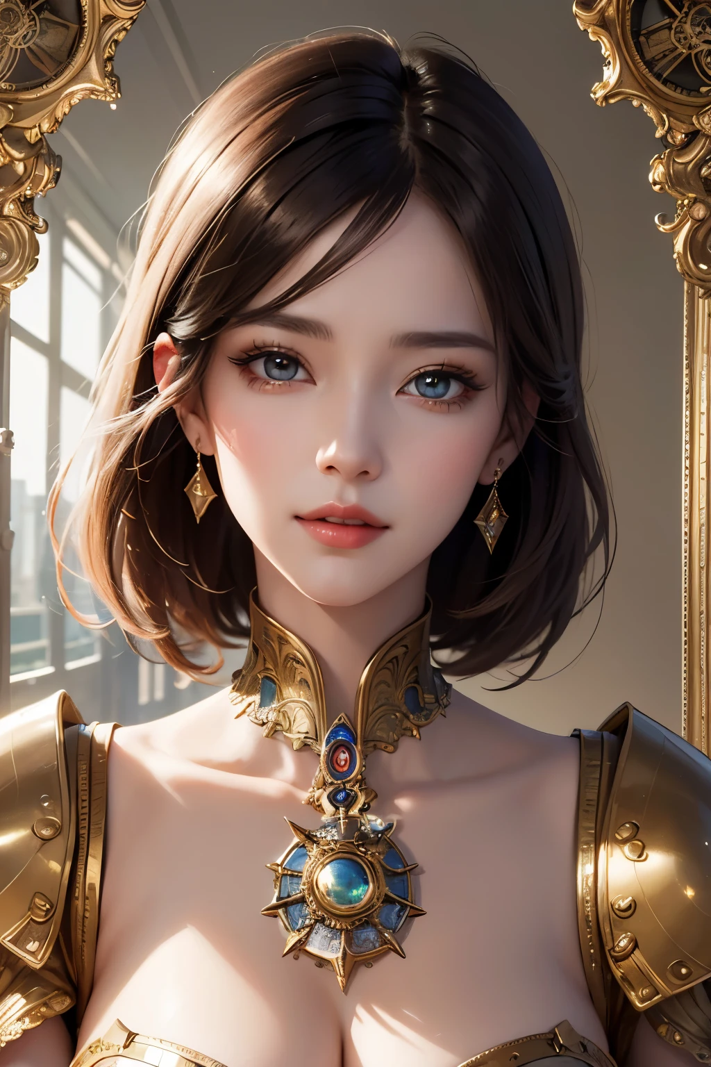 best quality, super fine, 16k, incredibly absurdres, extremely detailed, portrait, beautiful woman, prism effect, mirror effect, wind effect, light effect, picture frames and backgrounds that mix and match steampunk, dieselpunk, and clockpunk