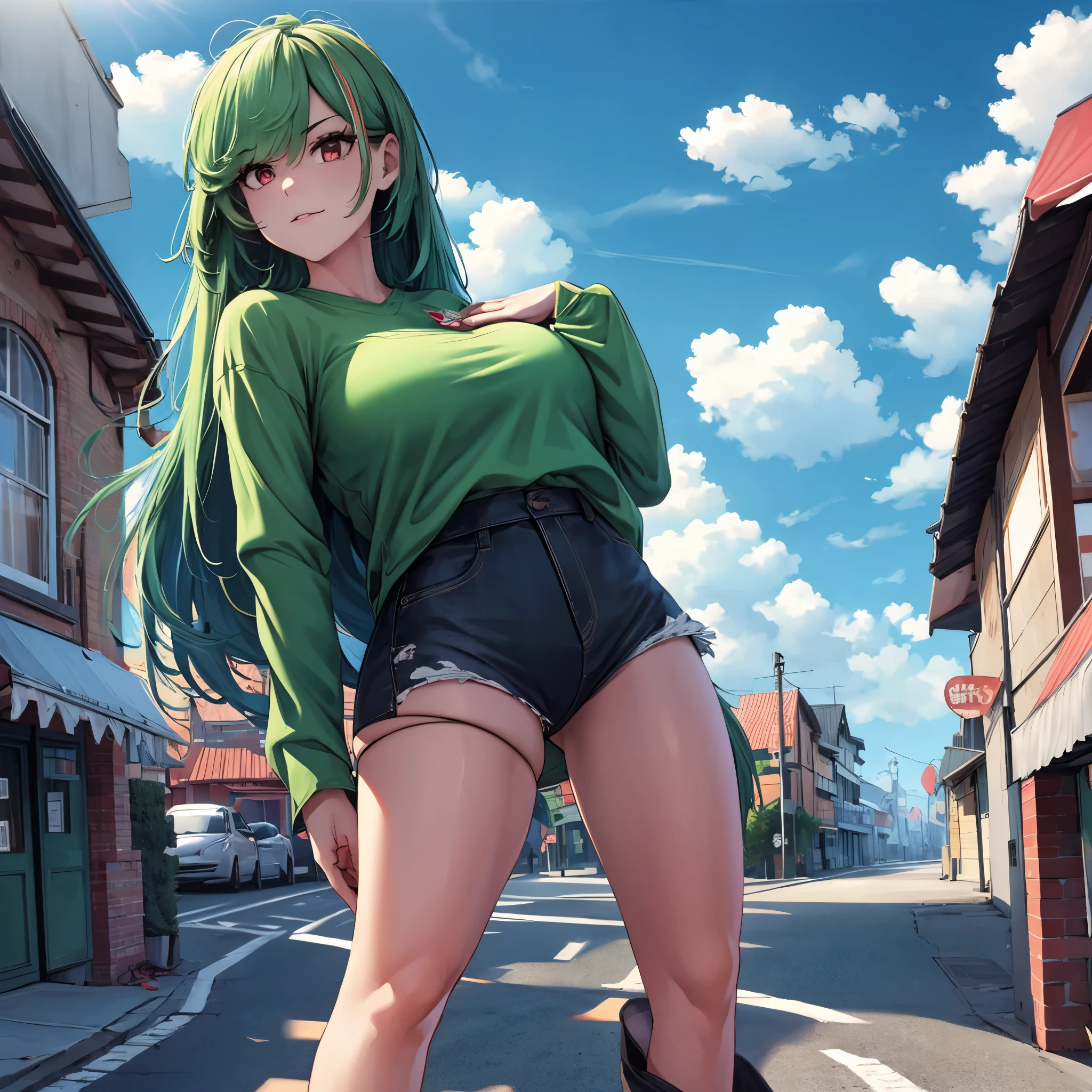 Una mujer que llevaba una camisa verde con kanji escrito en la camisa., black denim shorts, Medias negras, pelo largo y verde, ojos rojos, caminando en una acera, con vistas al cielo azul con nubes, pechos grandes, surrealism, sombra proyectada, anáglifo, estereograma, tachi-e, tirar, perspectiva atmosférica, surrealism, flor, 8K, Súper detalle, preciso, mejor calidad, HD, anatómicamente correcto, piel texturizada, alta calidad, Alta resolución, mejor calidad (mujer sola)