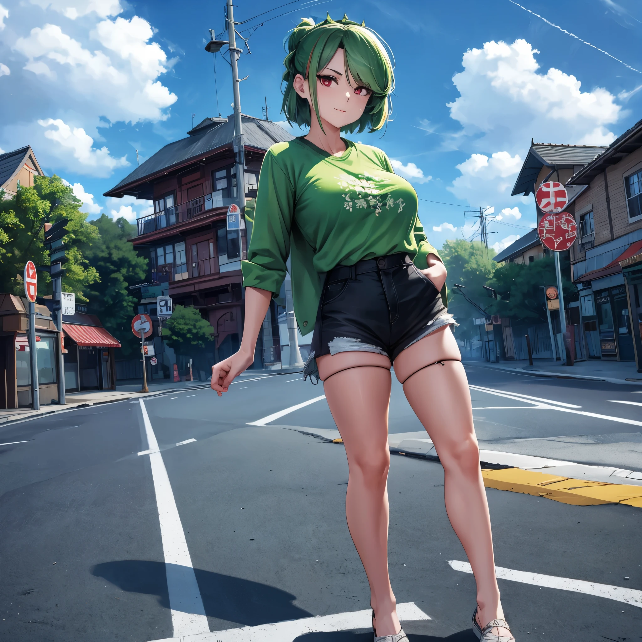 Uma mulher vestindo uma camisa verde com kanji escrito na camisa, shorts jeans preto, Meias pretas, Cabelo verde comprido, olhos vermelhos, Caminhando em uma calçada, com vista para o céu azul com nuvens, seios grandes, Surrealismo, fazer sombra, anáglifo, estereograma, tachi-e, pov, perspectiva atmosférica, Surrealismo, flor, 8K, Super Detalhe, preciso, melhor qualidade, Ultra HD, Anatomicamente correto, Pele texturizada, alta qualidade, Alta resolução, melhor qualidade (solo feminino)