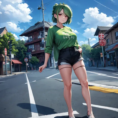 a woman wearing a green shirt with kanji written on the shirt, black denim shorts, black tights, long green hair, red eyes, walk...