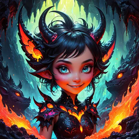 Cute girl  demon  lava by Beatrice Potter  illustrated , sparkling eyes nestled in a magical landscape, bright colors, fairy-lik...