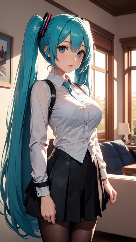 Highquality image of Hatsune Miku, Twin Tail, light Blue Eye, light Blue Hair, big breasts, black tights, 1woman, suit, tight skirt, sunset, living room