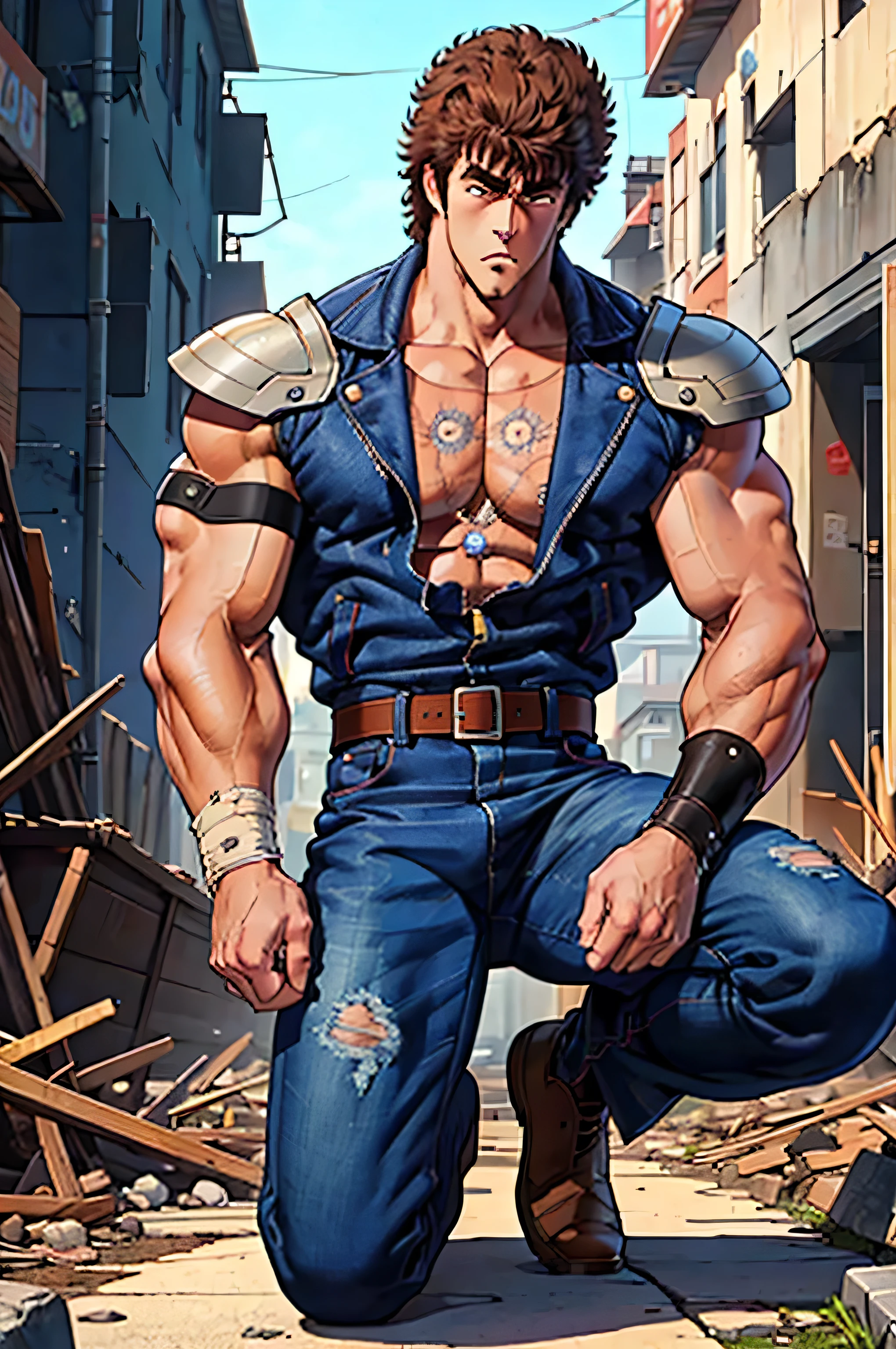 (masterpiece, highest quality, 16ｋAnime image quality, High resolution, Anime Style, Clean brush strokes, Very detailed, Perfect Anatomy), 1 person, alone,((kenshirou)), Detailed face, Fine grain, Black Hair, Brown eyes, bangs, Visible thick eyebrows、Angry face, Cowboy Shot,Large pectoral muscles:1.6, (Blue jean jacket、Metal shoulder guard、Red shirt inside、Torn), Big Dipper wound on the chest、A magnificent cleavage of the pectoral muscles, Great abs: 1.6, Tight waist:1.6, Buttocks:1.5, (Jeans pants＿Break:0.3, Navy blue、old), (Finding_stance, Raise one knee),Looking at the audience,Background of a ruined city、Dilapidated road、Destroyed building 、I can see the wilderness, alone, 