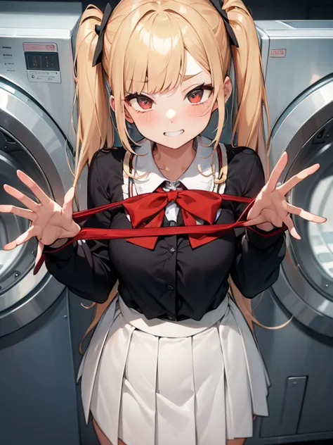 1girl,
Laundry room,laundry machine, laundry bascket, a few underwears are in a laundry bascket,
blonde hair, {{{half twin tail:...