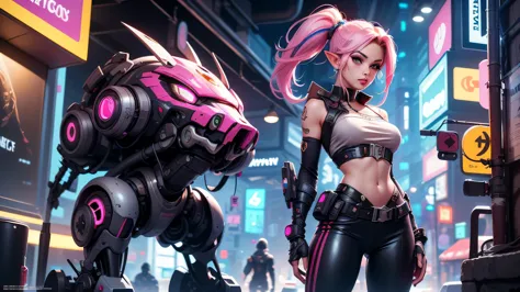 Futuristic cyberpunk town street there is cute dark elf female, she have pointy ears with lot of pircing, pink eyes purple long ponytail hairstyle with pink highlights, dark eyeshadow make up, her body covered with tatoos she have cybernetic arms with meta...