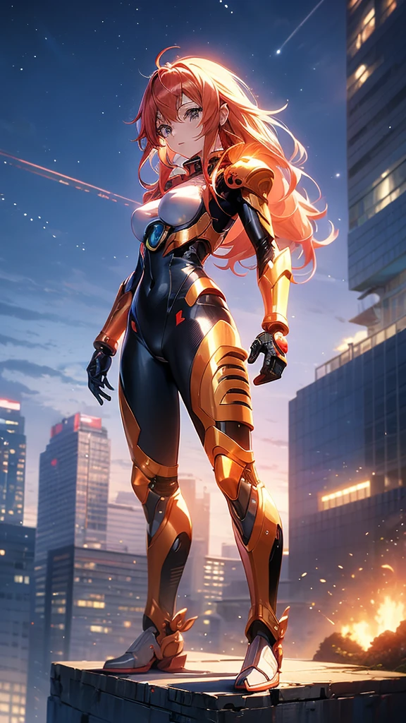 Anime girl with red hair and silver bodysuit standing on a ledge, full body zenkai! Asuka Suit, Biomechanical , Female body type, Girl in Armor, perfect Anime Cyborg woman, Female cyborg body, Cyber Suit, Anime Cyborg, Girl wearing mecha cyber armor, Android Heroine, Smooth anime CG art, Cyber Suits