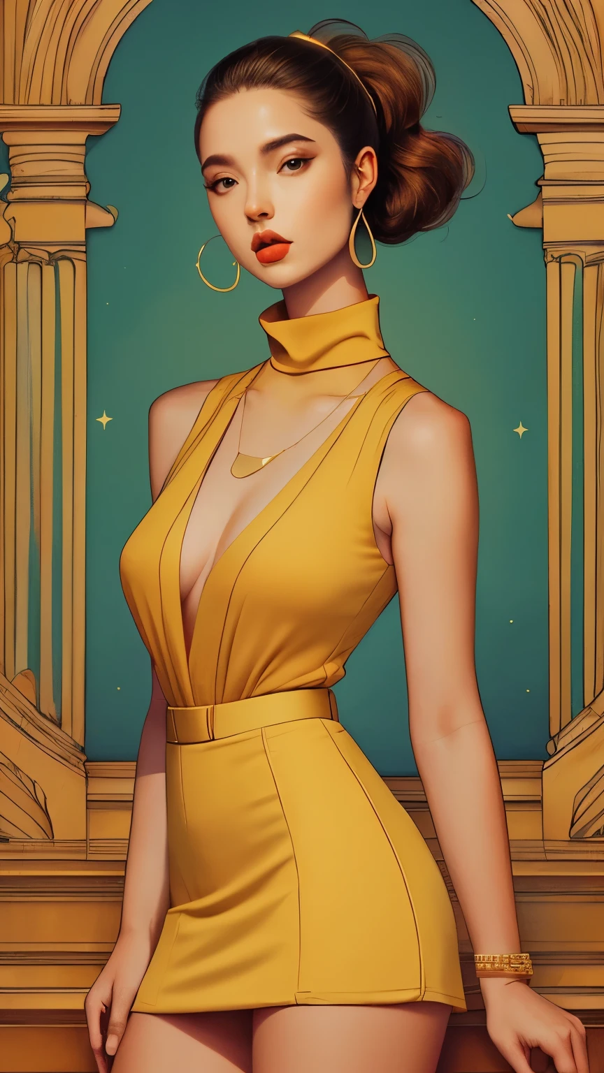 ((line art)), a beautiful, Mexican, polish and French, female model, goddess, olive skin ,hazel eyes, tight pony tail, sleeveless turtleneck, skirt, high heels,
diamond earrings, gold bracelets, gold thin necklace, beautiful skin, beautiful body, athletic body,