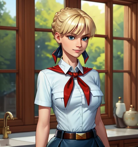 very young slim fit girl, full height, rounded face, big blue eyes, shy smile, perfect flat breast, pioneer neckerchief, micro tight blue pleated skirt, bangs, tight white shirt, short sleeves, collared shirt, belt, red neckerchief, breast pocket, braid, hair ribbon, blue ribbon, short blonde hair, hair bun, saber