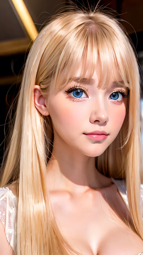 Very beautiful Scandinavian girl with super long shining light blonde hair、Very beautiful light blue eyes、Very big eyes、Portraiture、Long bangs、、Bright expression、ponytail、young, Shiny, white, Glowing Skin、Terrible face、Shiny Cheek Gloss Highlight、Small Fac...