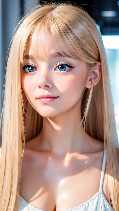 Very beautiful Scandinavian girl with super long shining light blonde hair、Very beautiful light blue eyes、Very big eyes、Portraiture、Long bangs、、Bright expression、ponytail、young, Shiny, white, Glowing Skin、Terrible face、Shiny Cheek Gloss Highlight、Small Fac...