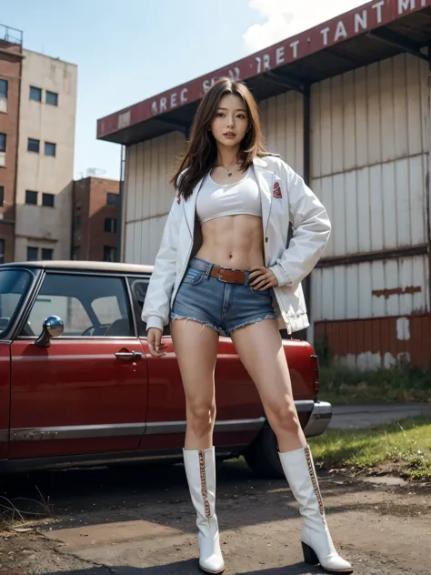 masterpiece,highest quality,High resolution,Full Body View,White jacket,Red innerwear,Belly button,Belted denim mini shorts,The heroine in white cowboy boots,Perfect Legs,Perfect Skin,Perfect Arms,Abdominal muscles,The background is an abandoned factory