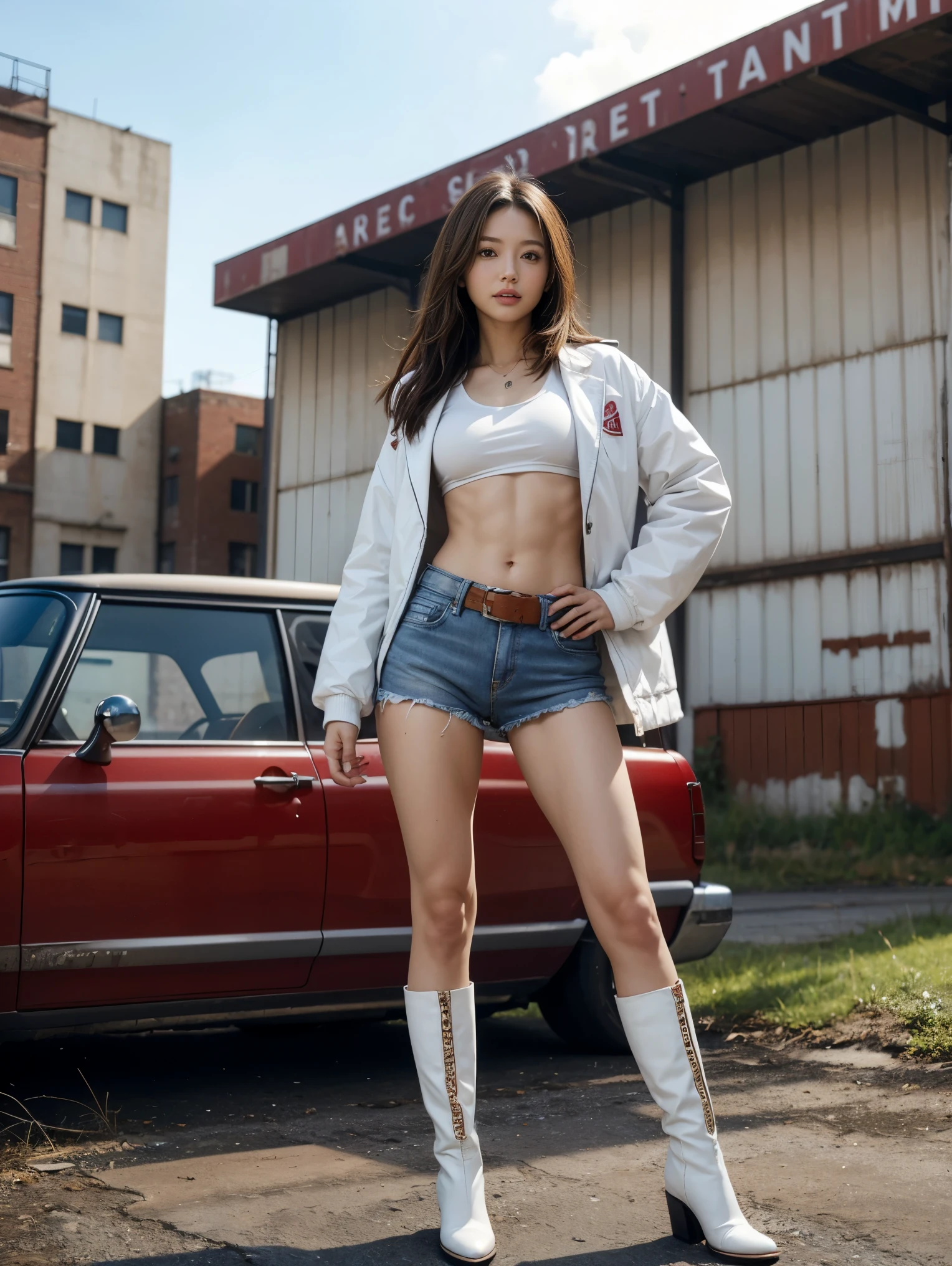 masterpiece,highest quality,High resolution,Full Body View,White jacket,Red innerwear,Belly button,Belted denim mini shorts,The heroine in white cowboy boots,Perfect Legs,Perfect Skin,Perfect Arms,Abdominal muscles,The background is an abandoned factory