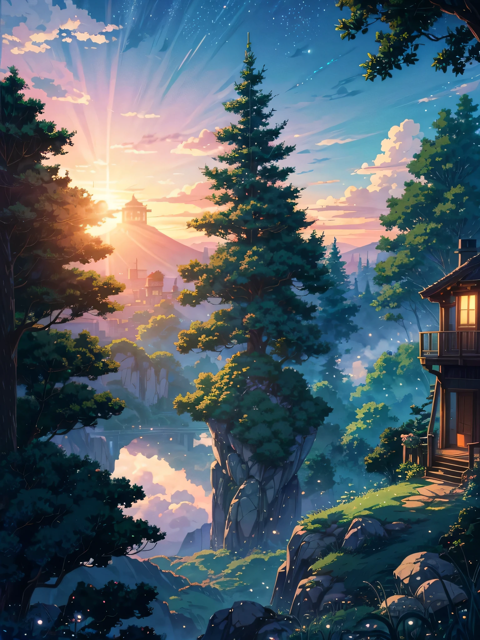 Generate a 4K resolution (400x900) image in the enchanting Studio Ghibli anime style, sky , Emphasize the Studio Ghibli aesthetic with soft colors:: illustration