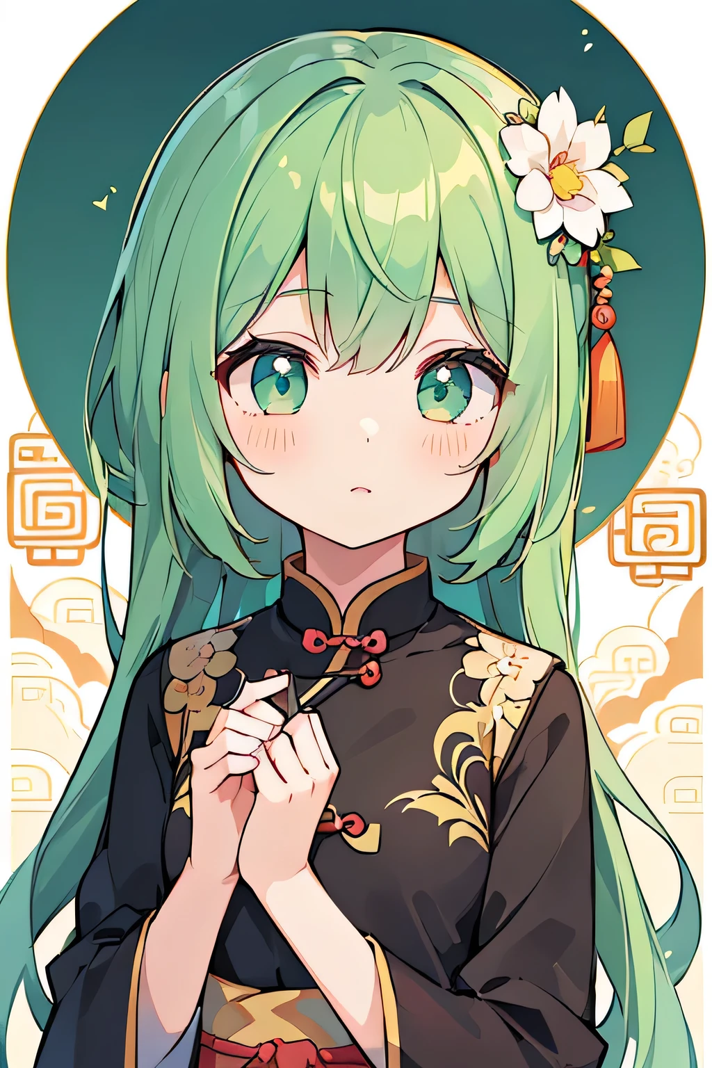 ((Cute girl in a Chinese dress:1.2))、 face、((masterpiece、highest quality、Ultra high definition、High resolution))、Anime Girls、((Ultra-detailed illustrations:1.2))、Just One、bangs、Hair between the eyes、Green Hair、Beautiful Hair、Random color eyes、Beautiful Idea Chest、Big laughing face、Mouth open、At a Chinese restaurant