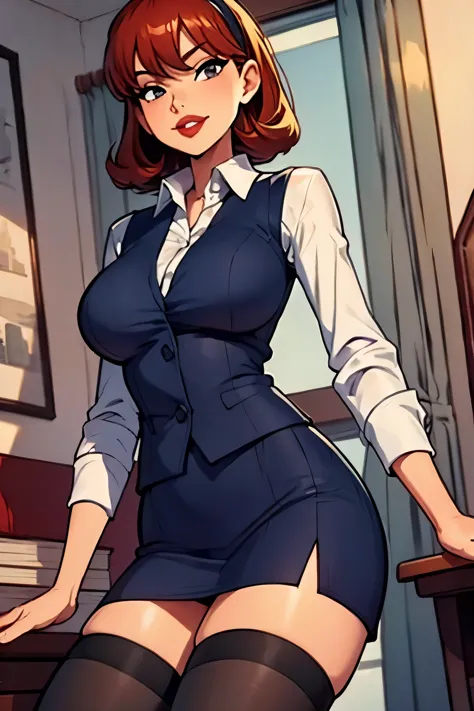 sharona, wearing a navy office suit, white shirt, navy skirt,red lips,hairband,black stockings, high quality,