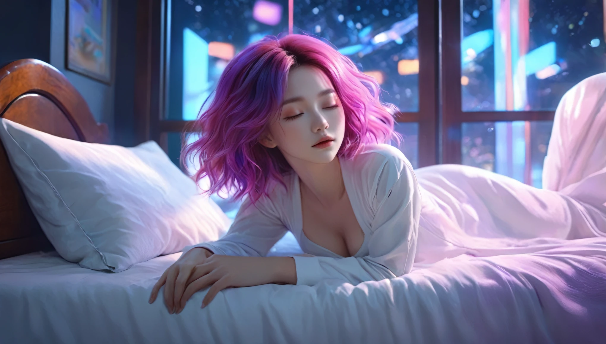 (best quality,8k,ultra-detailed:1.2),(CG,CG art,3D rendering),(masterpiece:1.2),（Crawling on the table），（Sexy clothing），(movie lighting,futuristic),(woman lying in bed,sleeping,closed eyes),(large window behind her,tranquil night),(colorful hair:1.5)