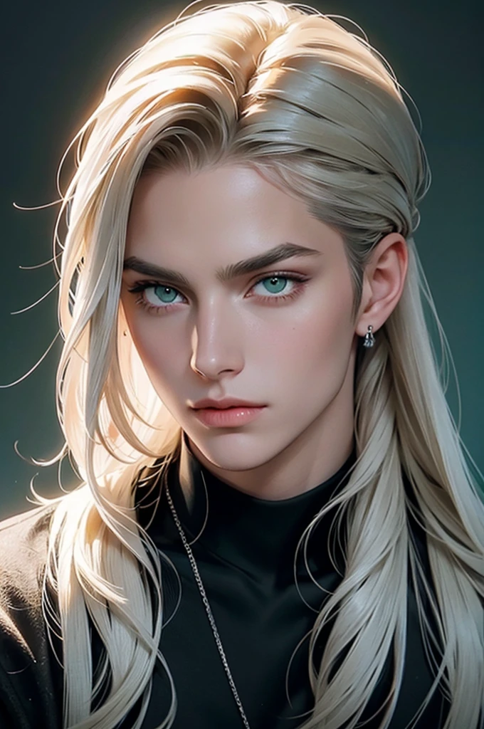  handsome, young man, thin, he has long straight platinum hair pulled back in a ponytail, long bangs, green eyes, he is dressed Rocker-style clothes.  Masterpiece, detailed study of the face, beautiful face, beautiful facial features, perfect image, realistic shots, detailed study of faces, full-length image, 8k, detailed image. an extremely detailed illustration, a real masterpiece of the highest quality, with careful drawing.