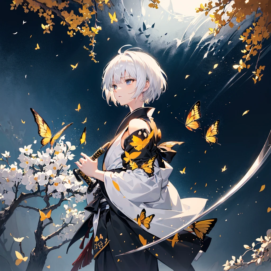 ((high resolution　White Hair　Short Hair　Black kimono　Black band　Military commander　Lonely　despair))　((Yellow butterfly　night　Japanese style　Shoulder　old　Shining Aura　garden　water surface))　(Dance　Blade of Darkness　Japanese sword　Holding a sword　Slashing)　moon　star　Draw your sword　Slashing　Catch the wind　Lie down