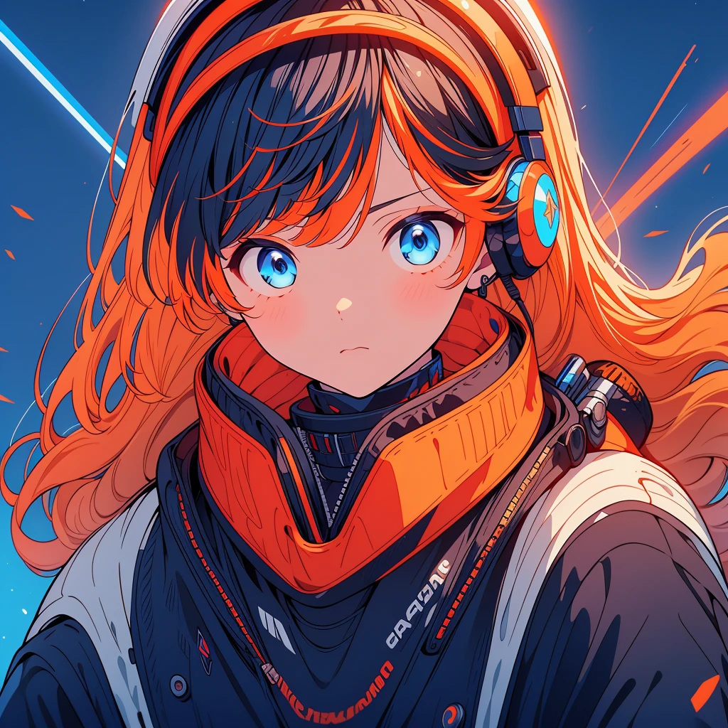 Frontal photo、10th Generation、Handsome face、Ultra-detailed eyes、Shortcuts、highest quality、masterpiece、Official Art、8k、Cowboy Shot、Frontal photo、Milky white with orange and blue hair、Blue base with orange highlights、Fluorescent orange headphones、cyber punk、Spacesuit、Laser gun on the back、