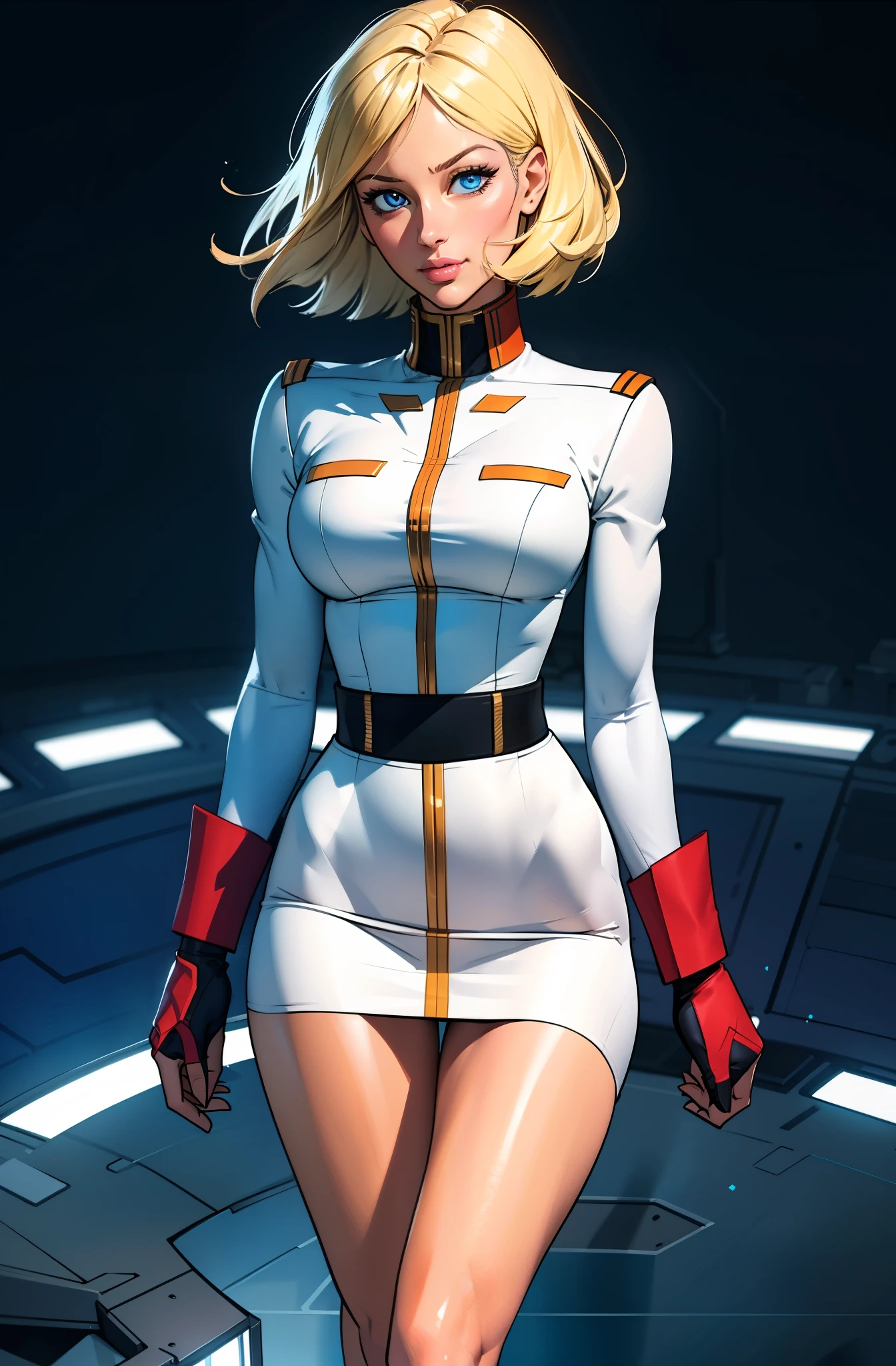 ((masterpiece)), ((cinematic lighting)), realistic photo、Real Images、Top image quality、1girl in, sayla mass, Elegant, masterpiece, Convoluted,Ultra mini skirt、wide hips, fit thighs, Best Quality, absurderes, high face detail, Perfect eyes, mature, Cowboy Shot, , Vibrant colors, White uniform, Skirt,