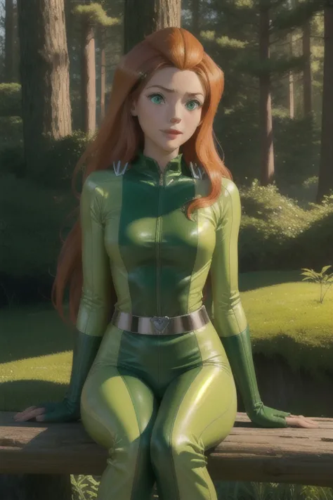 sam \(totally spies\), orange hair, long hair, green eyes,
green bodysuit, belt
smile,closed mouth,cowboy shot,sitting,
forest,o...