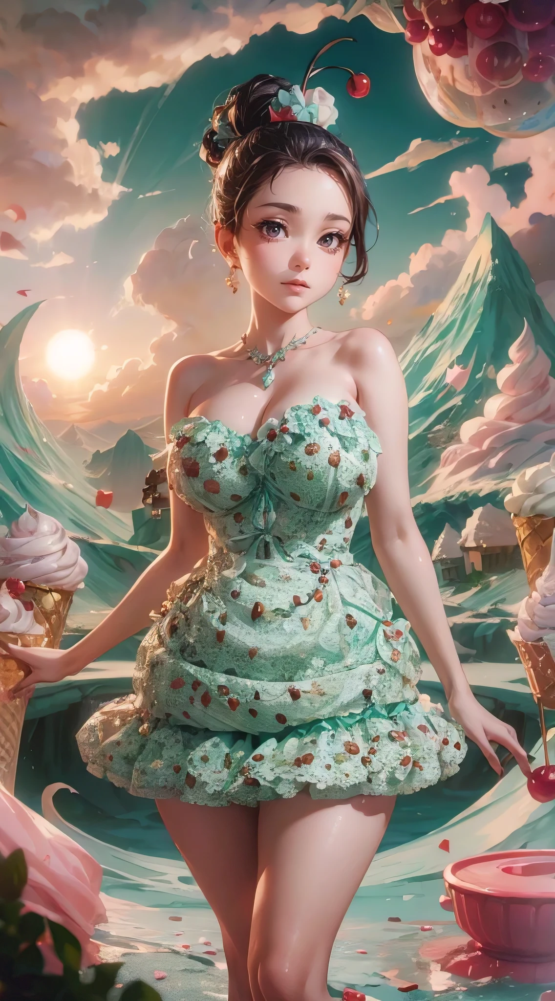 A stunningly realistic illustration of a voluptuous, slender, and attractive woman with big, gorgeous eyes and a soft smile. She wears a fashionable minidress made entirely of mint chocolate chip ice cream, standing in a whimsical Ice Cream Wonderland. The dress shimmers and glistens, adorned with cherry on top and a cherry ice cream cone accessory. The backdrop is a fantastical world of ice cream mountains, swirling clouds, and a sun setting over a beautiful landscape. This 3D render art piece captures the essence of anime with its vibrant colors and unique fashion statement., anime, illustration, 3d render, fashion