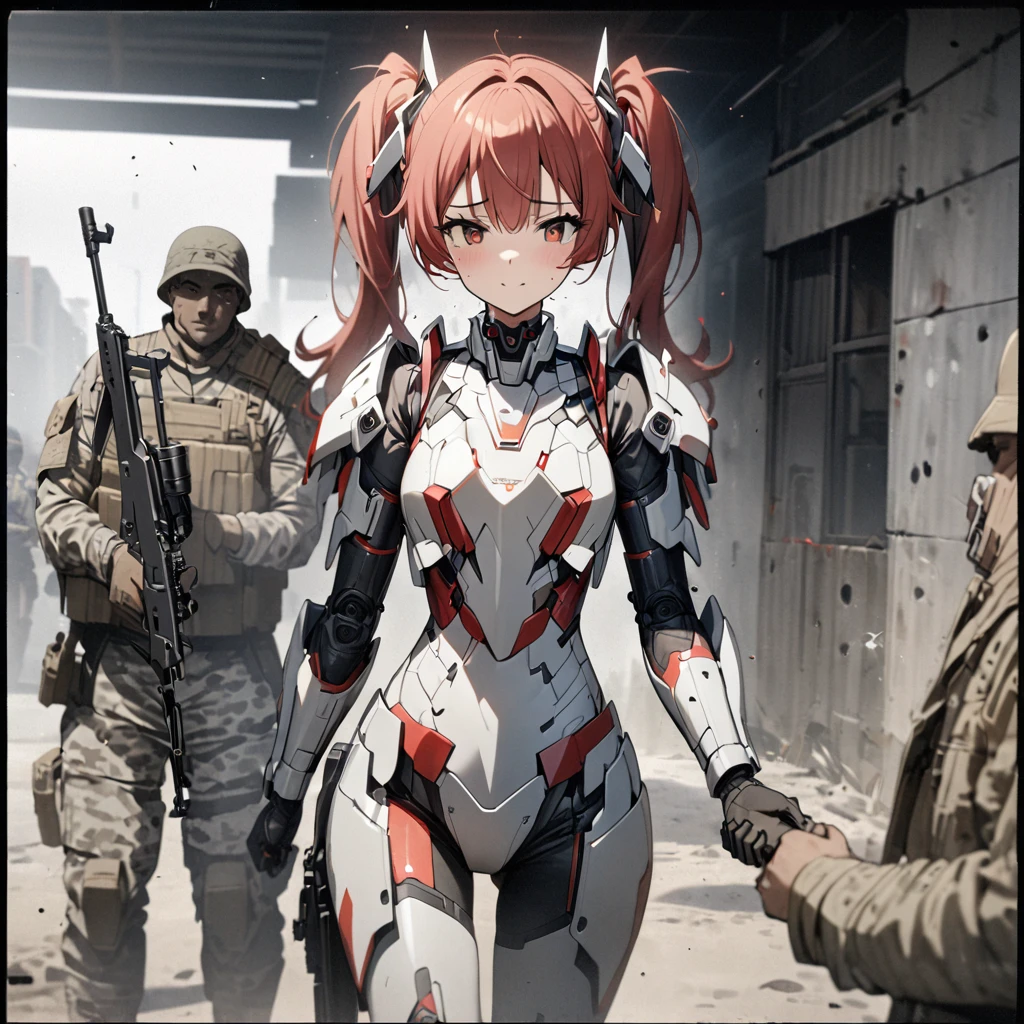 High quality, high definition, hig
h precision images,8k 1Girl Robot Girl、red hair,Twin tails,Red eyes、 ,( white and gray camouflage clothing ),,she wearing flashy robot armor.Holding a urban camouflage long range rifle,Shaking hands with a soldier, an arrogant smile、far shot

