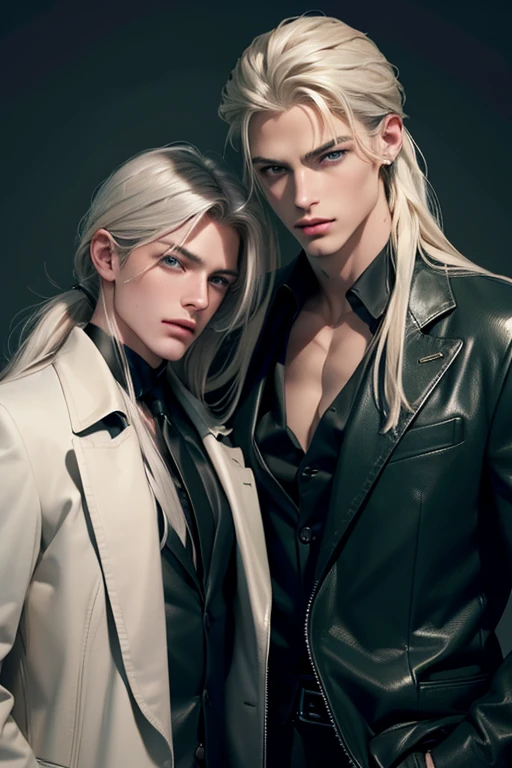 2 men, standing facing each other. A tall, handsome, statuesque, courageous young man is platinum blond, he has tanned skin, long straight platinum hair, blue eyes, he is dressed in an suit, he is facing another young man, he has long straight platinum hair, long bangs, green eyes, he is dressed in a leather jacket, jeans. Masterpiece, detailed study of the face, beautiful face, beautiful facial features, perfect image, realistic shots, detailed study of faces, full-length image, 8k, detailed image. an extremely detailed illustration, a real masterpiece of the highest quality, with careful drawing. grey hair, green eyes, long hair, low ponytail