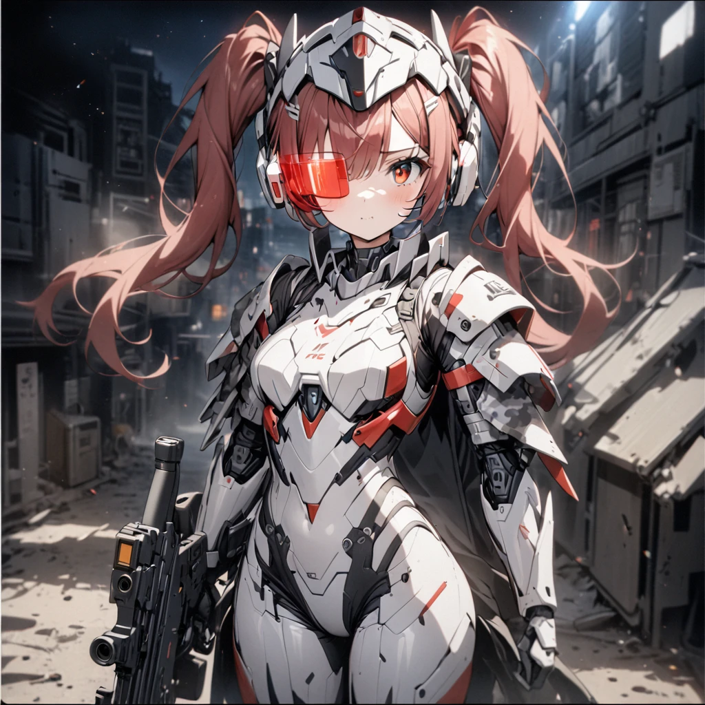 High quality, high definition, hig
h precision images,8k 1Girl Robot Girl、red hair,Twin tails,Red eyes、 ,( white and gray camouflage clothing ),,she wearing flashy robot armor.Holding a urban camouflage long range rifle,A robot-like helmet on the head,Scouter in one eye,The scouter is glowing,night、cowboy shot

