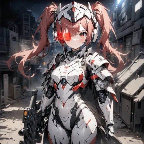 high quality, high definition, hig
h precision images,8k 1girl robot girl、red hair,twin tails,red eyes、 ,( white and gray camouf...